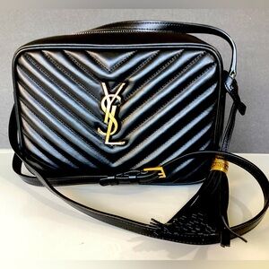 Saint Laurent Black Chevron Quilted Leather Camera Bag with Gold YSL Hardware